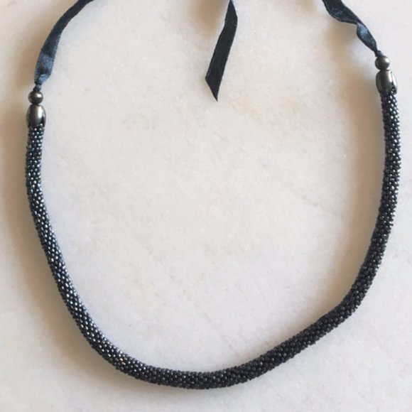 New! Club Monaco navy beaded necklace, ribbon tie / bow detail - Picture 3 of 4